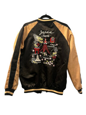 Vintage Sukajan Souvenir Jacket Crane Embroidery Black Satin Bomber Size XXL
